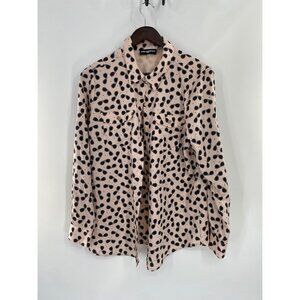 Karl Lagerfeld Button Up Roll Tab Sleeves Blouse SIZE LARGE GLASSES PRINT ALL OV
